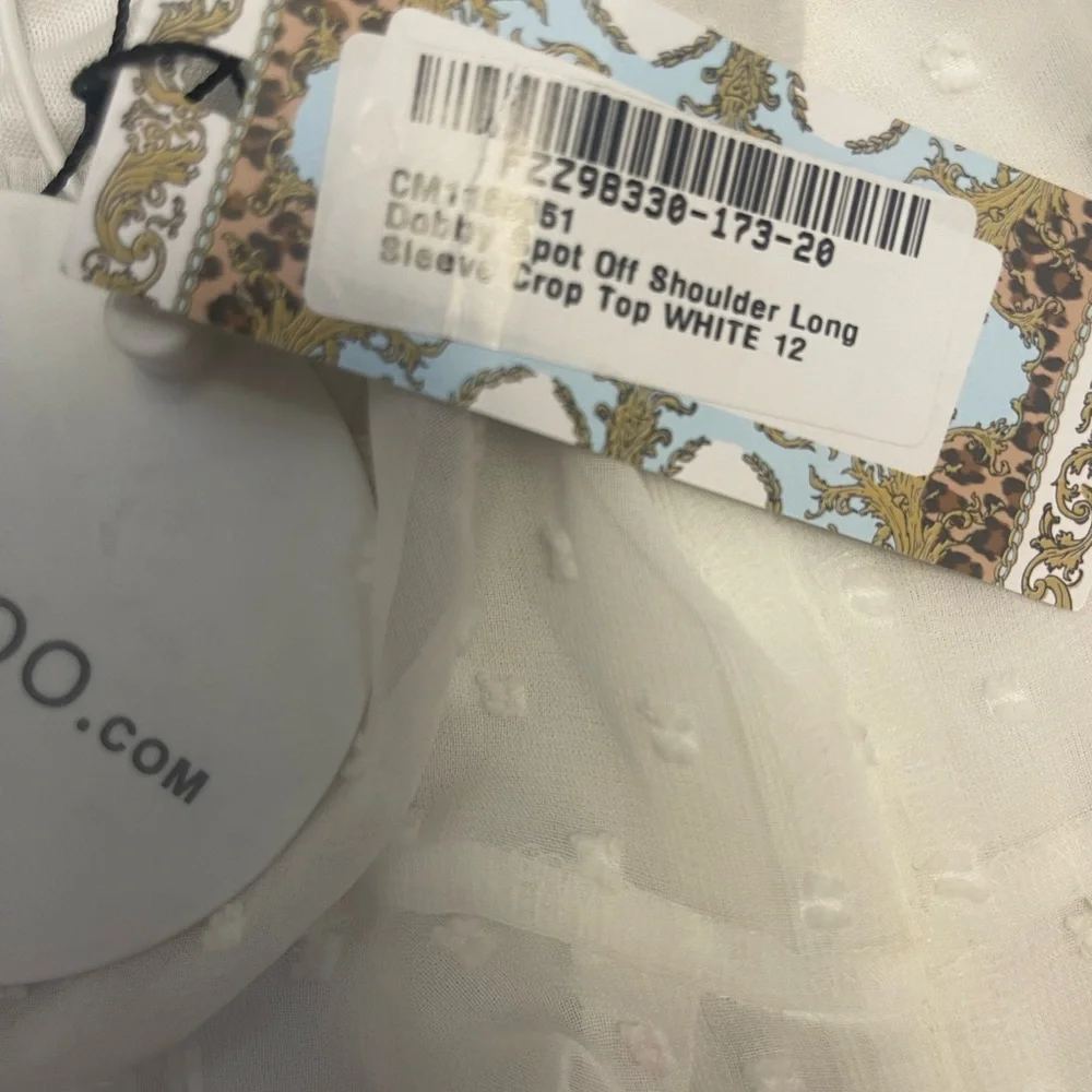 Boohoo Dobby Spot Off Shoulder Long Sleeve Crop Top NWT - Picture 9 of 10